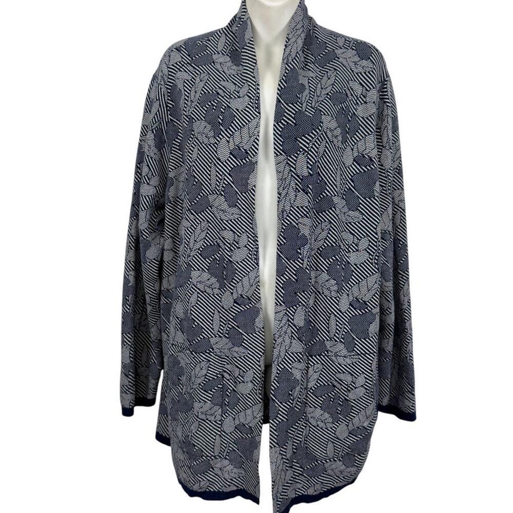 Lands End Womens Navy Blue Open Cardigan Longline Sweater Floral Stripes sz 1X